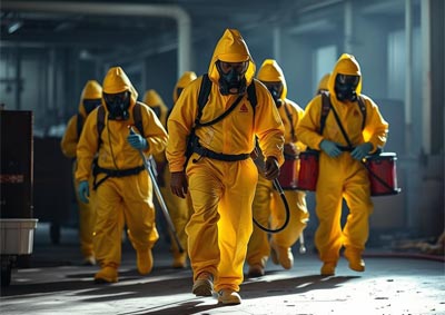 biohazard cleanup team wearing ppe yellow suits